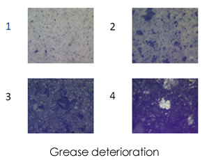 著細(xì)鐵和磁性磨損顆粒的增加，回轉(zhuǎn)軸承的惡化，第四張圖像顯示潤(rùn)滑脂完全干燥